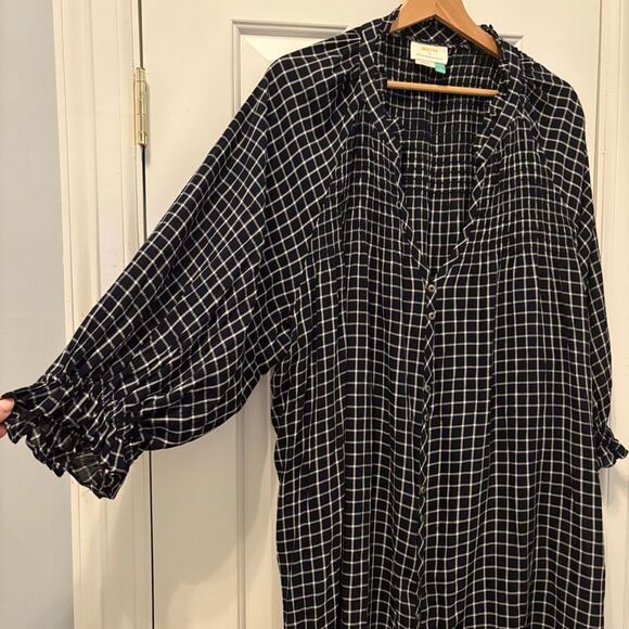 Maeve Sara Anthropologie Dress 3X Black Plaid 3/4 Sleeve Button front - Picture 4 of 8